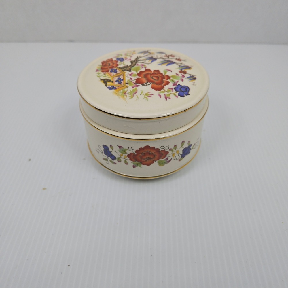 Vintage Sadler England Ceramic Trinket Box Floral Bird‎ Chinoiserie Gold Rim